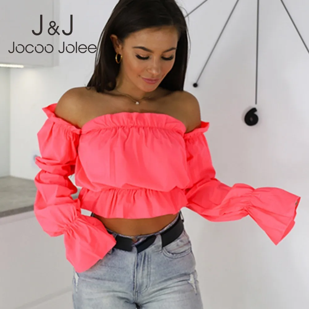 

Jocoo Jolee Women Sexy Off Shoulder Polka Dot Blouse Casual Ruffle Crop Tops Long Sleeve Chiffon Blouses Vintage White Shirts