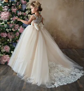 

new princess champagne and ivory lace flower girl dresses for wedding girls birthday dress first communion gown with bow