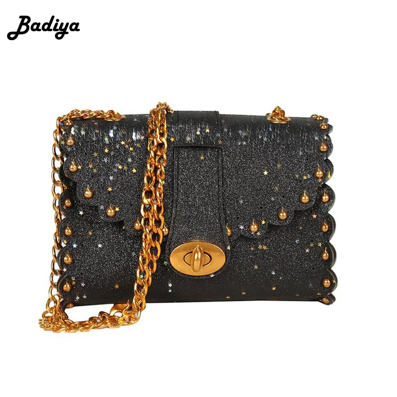 

Women's Sequins Rivet Cross body Chain Bag Lace Mortise Lock Wove Pattern Leather Shoulder Bag for Lady