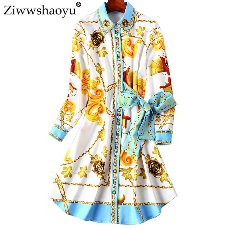 

Ziwwshaoyu Elegant Loose dresses Print Sashes Turn-down Collar temperament dress 2019 spring and summer new women