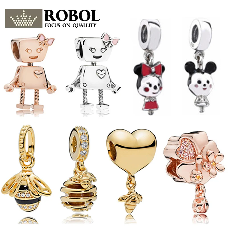 

ROBOL 925 Sterling Silver Original P 1:1 Bella Bot Charm Pink Enamel Queen Bee Pendant Sweet As Honey Tiger Eye Pendants