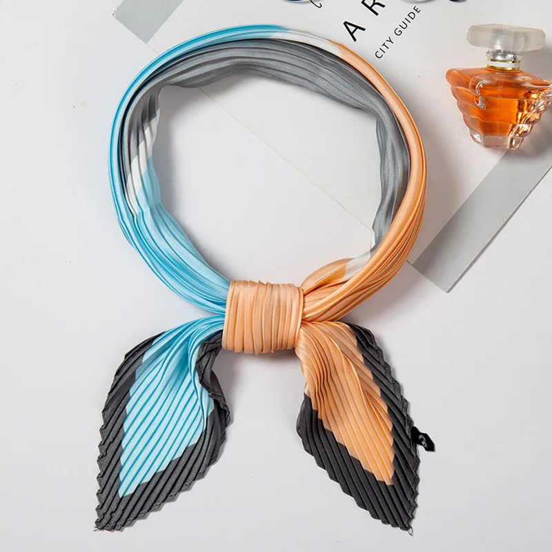 

Women's Small Silk Square Scarf Crinkle Hair Scarfs for Ladies Summer Pleated Scarves Female Foulard Neckerchief 100*30CM