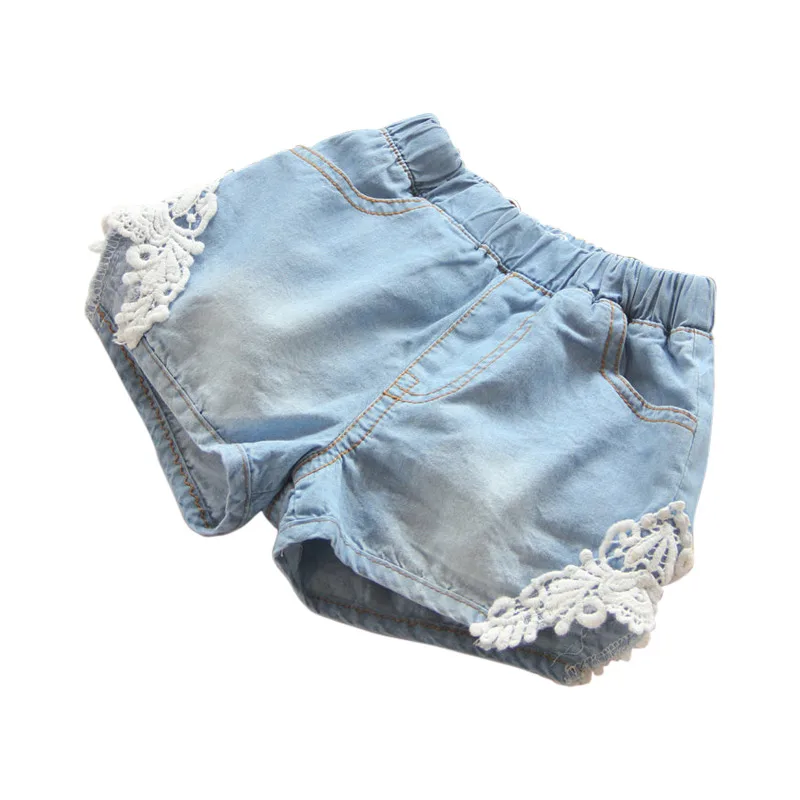 Hot Summer Fashion 2 3 4 6 8 10 12 Years Children Cotton Baby Lace Edges Patchwork Jeans Kids Girls Denim Blue Shorts