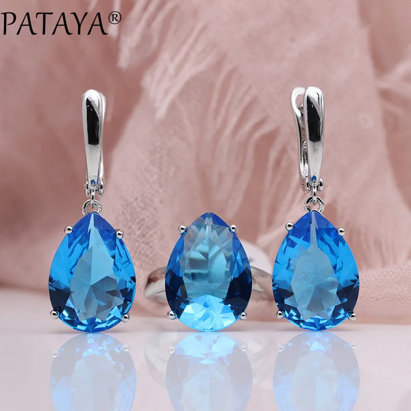 Pataya New Jewelry Set True White Gold Color Water Drop Zircone Naturale Orecchini Blu Anelli Set Donna Fashion Wedding Noble Set