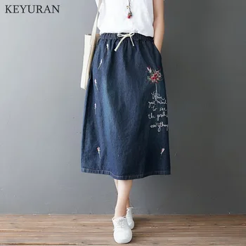 

Spring Summer Loose Casual Denim Skirts Elastic Waist Letter Flower Embroidery Long Section Was Thin A-Line Skirt Autumn L3362