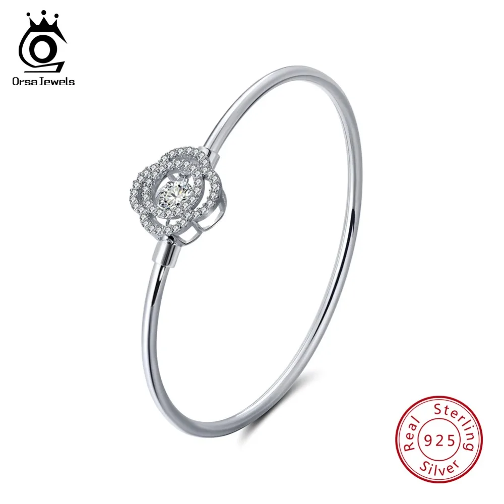

ORSA JEWELS Real 925 Sterling Silver Female Bracelets Unique Prong Setting AAA Cubic Zircon Fashion Bangle Women Jewelry SB09