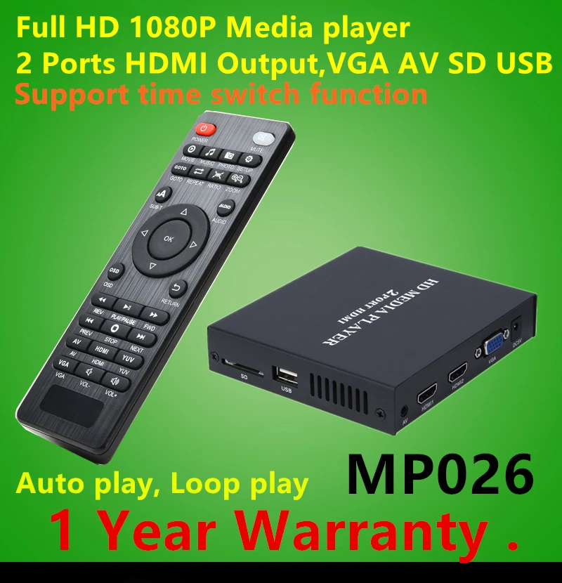 Full HD 1080P HDD Media Player Supports 2Ports HDMI+VGA+CVBS output,SD