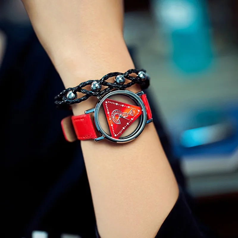 

Skeleton Triangle Watch Charm Elegant Women Fashion Delicate Transparent Hollow Leather Strap Wristwatch Quartz Dress Watch