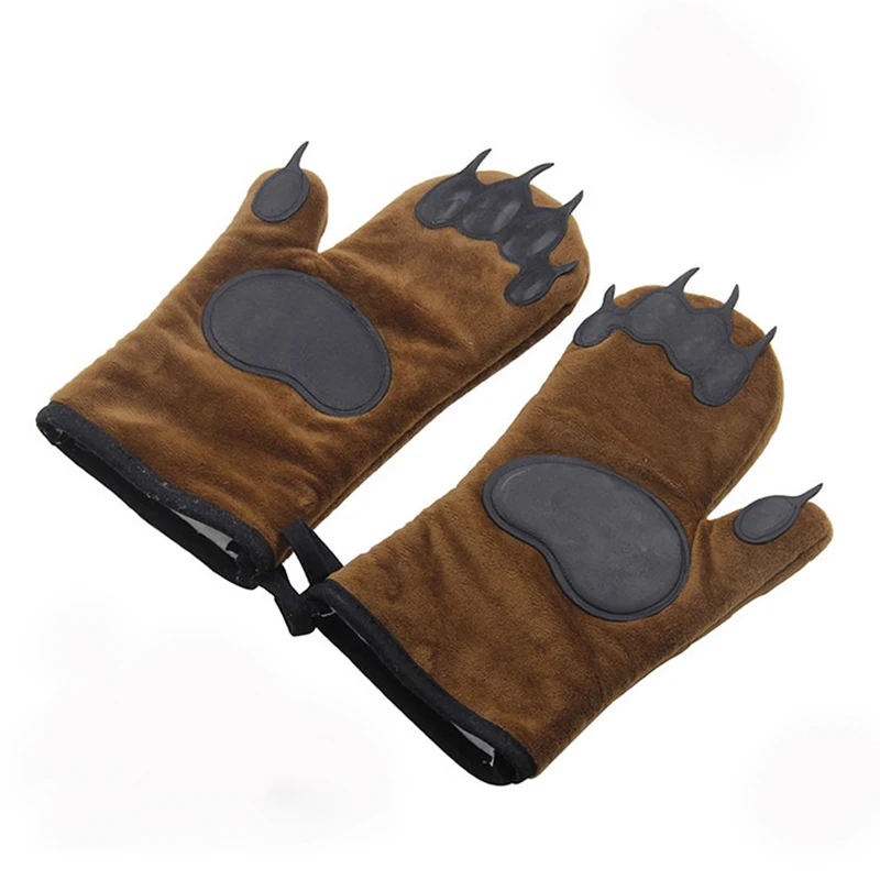 Microwave Cute Gloves Bear Paw Shape Thicken Kitchen Oven Pot Holder Heat-resistant Baking Gloves Cotton Cloth Kitchen Tools 2pc