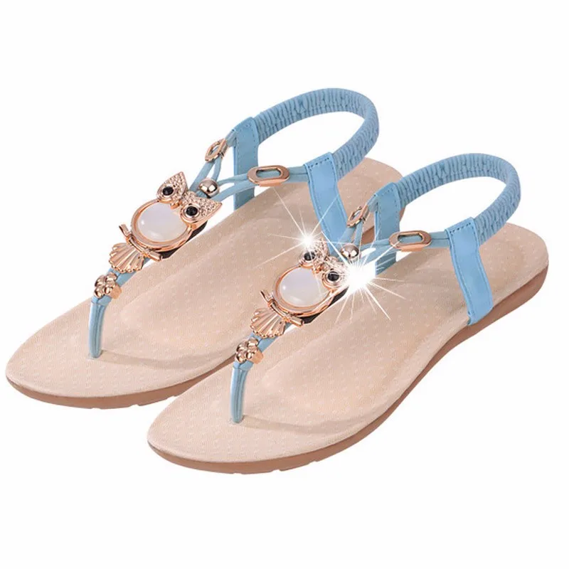 

2019 Summer Flat Sandals Women Shoes New Luxury Owl Rhinestone Women Sandals Bohemian Beach Sandals Black Blue Beige