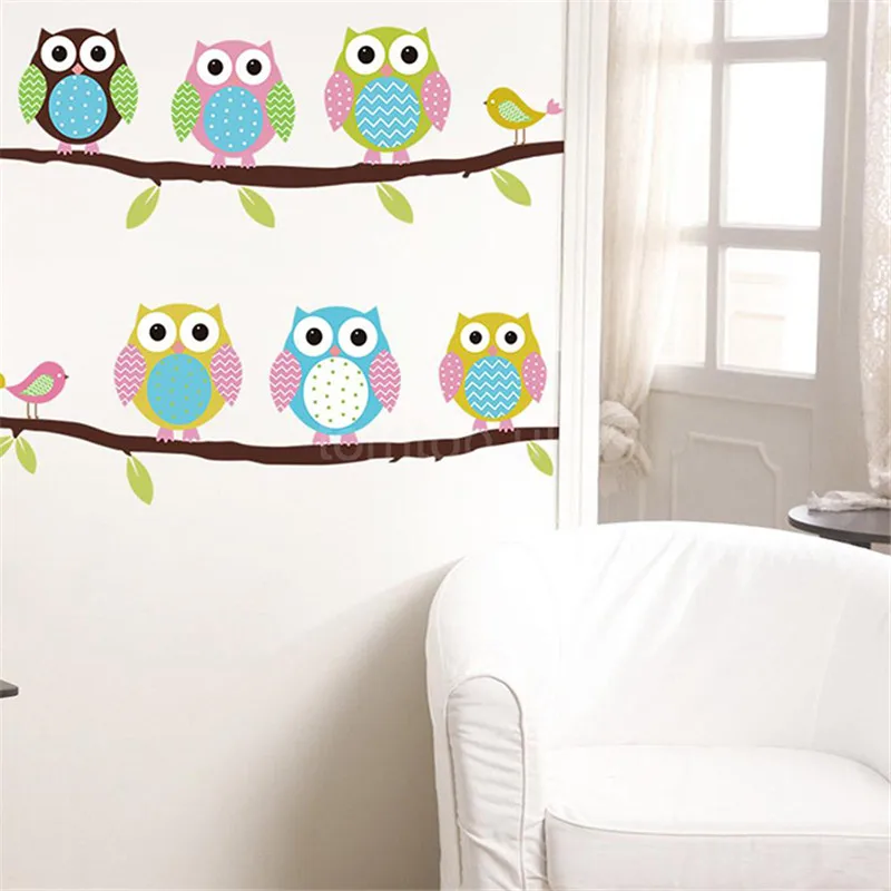 New Cute DIY Removable Colorful Six Owls Bird Branch Vinyl Decal Wall Mural Sticker Poster  Vinilos Paredes Home Decor