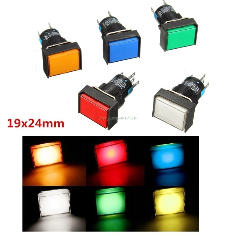 

5Pcs DC 12V 16mm Push Button Self-Lock Latching Switch Rectangle LED Light DC24V AC110V AC220V