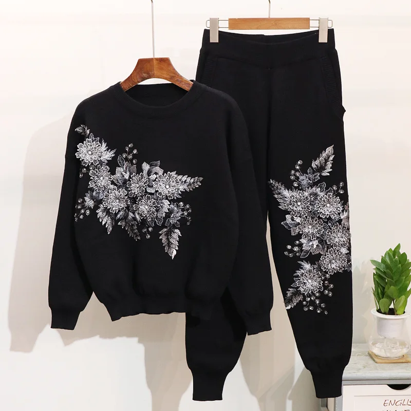 

Amolapha Women Thicken Embroidery Flowers Diamond Knitted Jumpers Tops +Trousers 2 Pieces Sets Knitting Pullovers Pants Sets