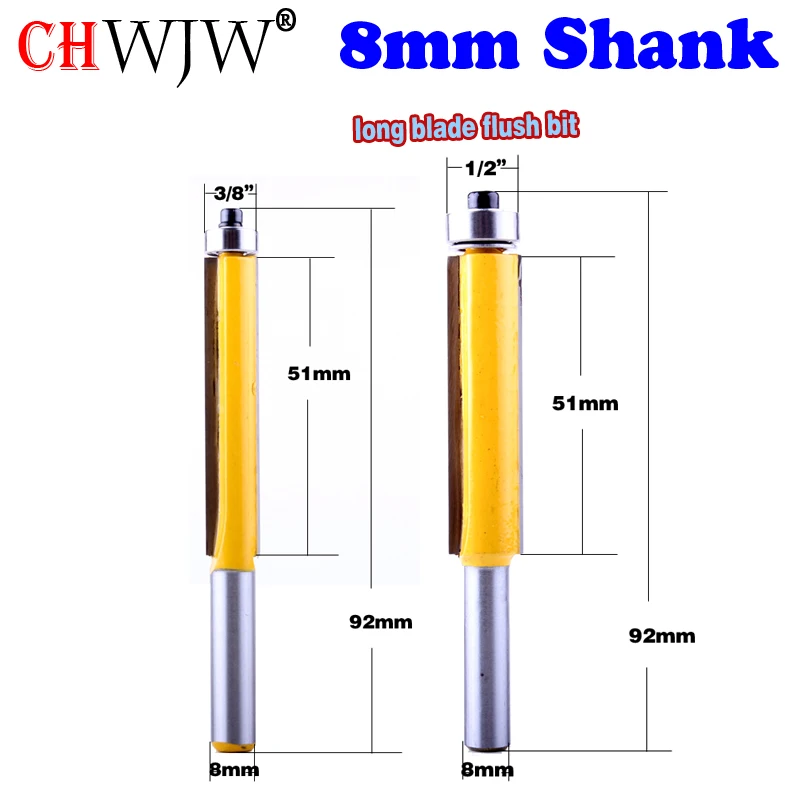 1 шт., 8 мм хвостовик, длинное лезвие, заподлицо, фреза, концевой подшипник для деревообработки, режущий инструмент