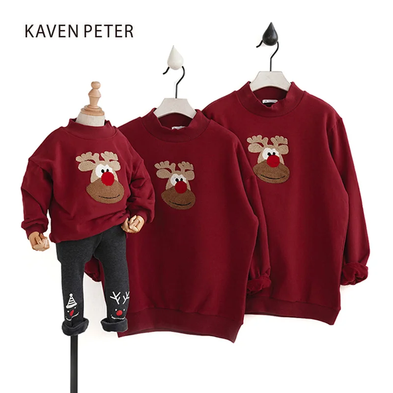 

Family matching clothes christmas wine red coat christmas deer Parent-child outfit Long Sleeve jacket winter warm coat