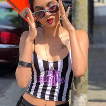 Женский сексуальный укороченный топ с вышитыми буквами, лето, обтягивающие топики без рукавов, полосатые топики TIM BURTON