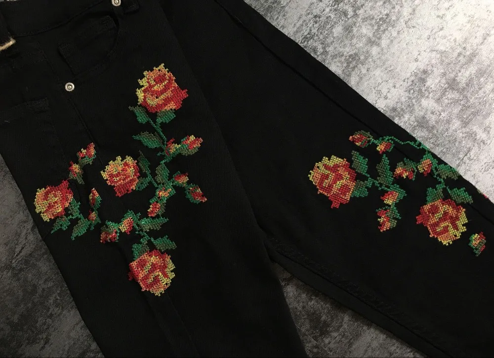 2017 European and American women hot high waist Slim stretch front and rear side cross embroidery roses cowboy pants pants pants (20)