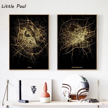 

Vietnam City Map Hanoi Ho Chi Minh City Modern City Gold Map Canvas Art Print Wall Pictures for Living Room No Frame