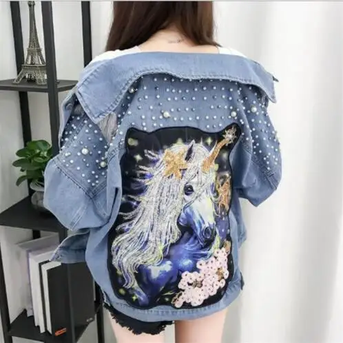 

New Beaded Sequins Hole Loose Casual Denim Jacket Cartoon Print Female Student Jacket 2018 New Autumn and Winter