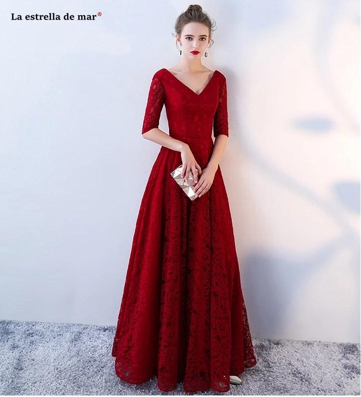 Vestido madrinha новые кружевные сексуальные с v-образным вырезом с коротким рукавом линии Бордовые Платья для подружки невесты длина до пола свадебное платье для гостей