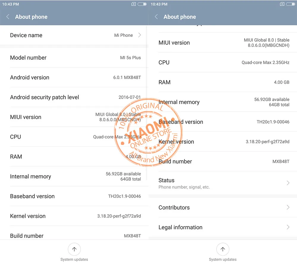 xiaomi 5S plus 4+64 about phone