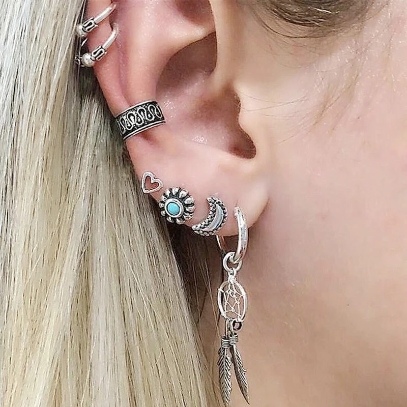 

Hot Vintage 6 Pcs/Set Boho Owl Buddha Feather Hollow Ear Cuff For Women Men Ear Stud Cartilage Earrings Bijoux