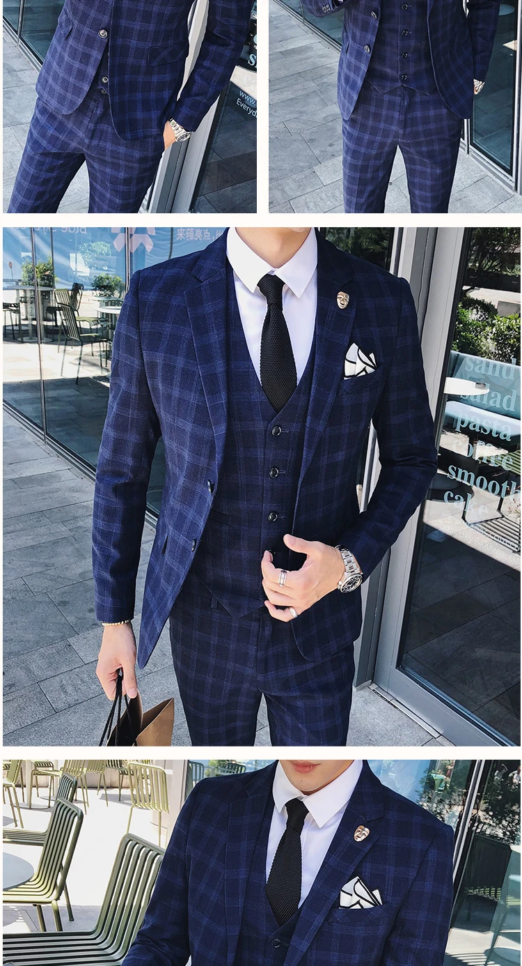 Для мужчин торжественное платье костюмы смокинг, Slim Fit бизнес Банкетный мужской костюм, пиджак+ жилет брюки для девочек Размеры 3XL плед