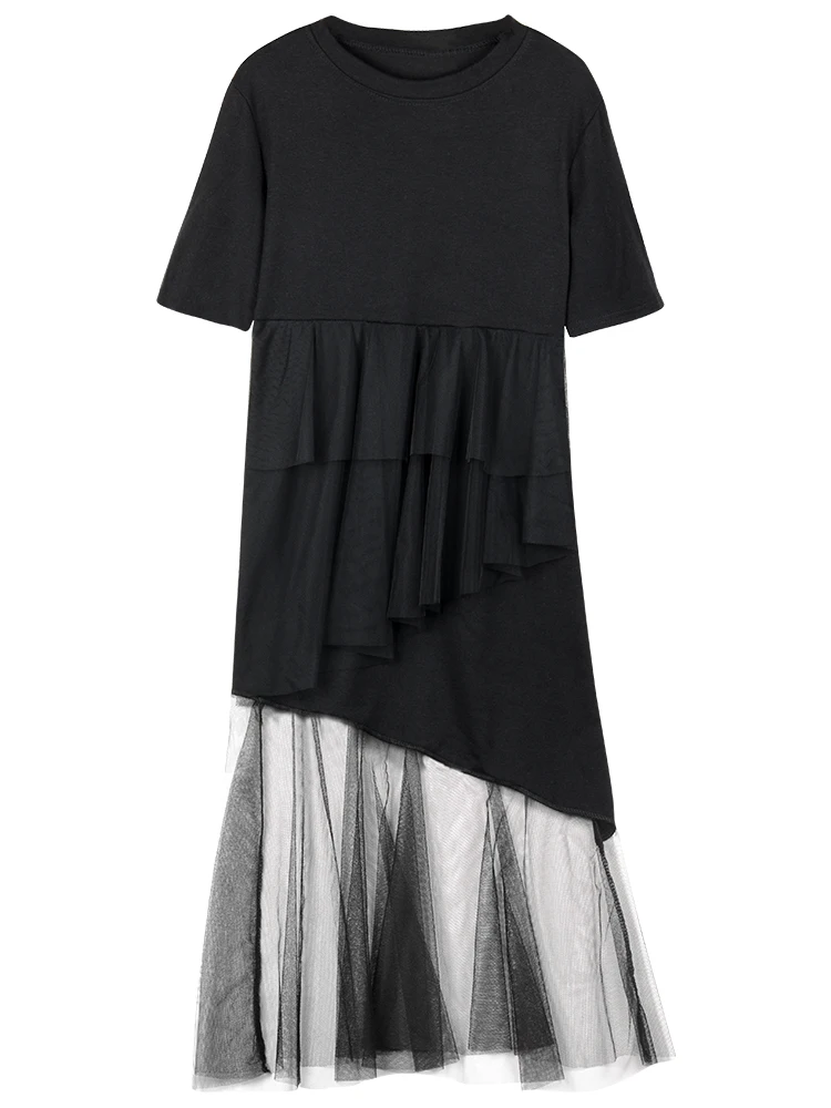 

2019 Spring New Women Fashion Korea Style Versatile Short Sleeve Patchwork Mesh Irregular Cake Solid Color O Neck Casual Dress