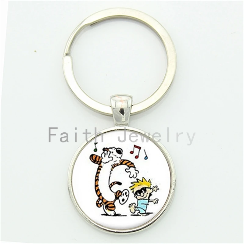 

Calvin and Hobbes Dancing Pals key chain handmade round glass dome cartoon art picture keychain cute boys girls gift KC157