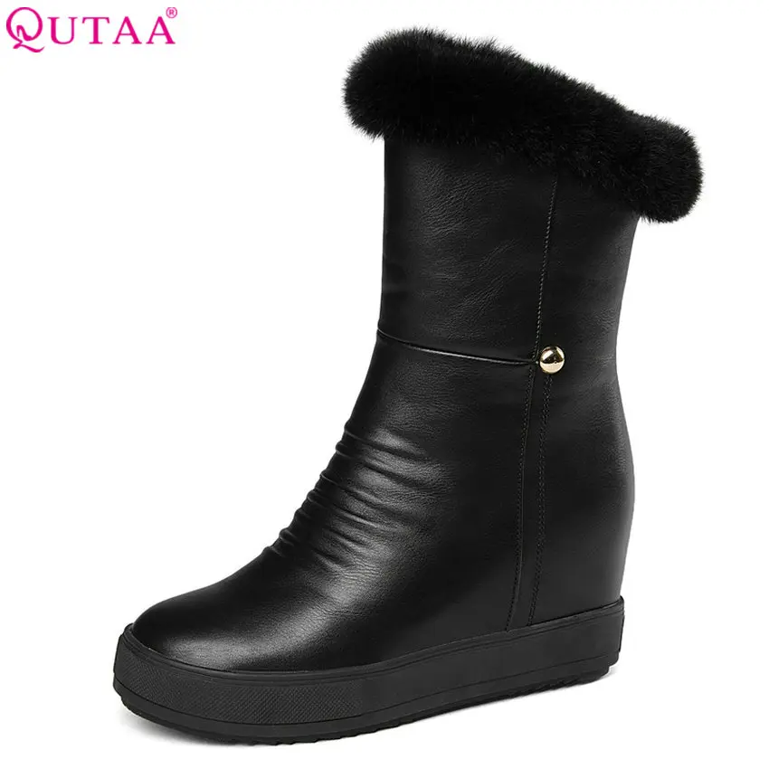 

QUTAA 2018 Women Mid Calf Boots Fashion Pu Leather Wedges High Heel Round Toe Fur Inside Keep Warm Winter Snow Boots Size 34-40