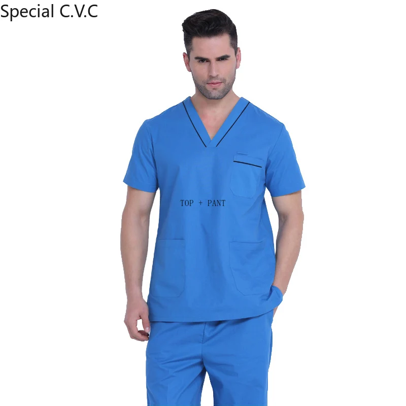 Comprar Conjunto de Scrubs de algodón puro clásico cuello en V Top con ventilación lateral + Pantalones uniforme de enfermería ropa de médico cirugía ropa de trabajo