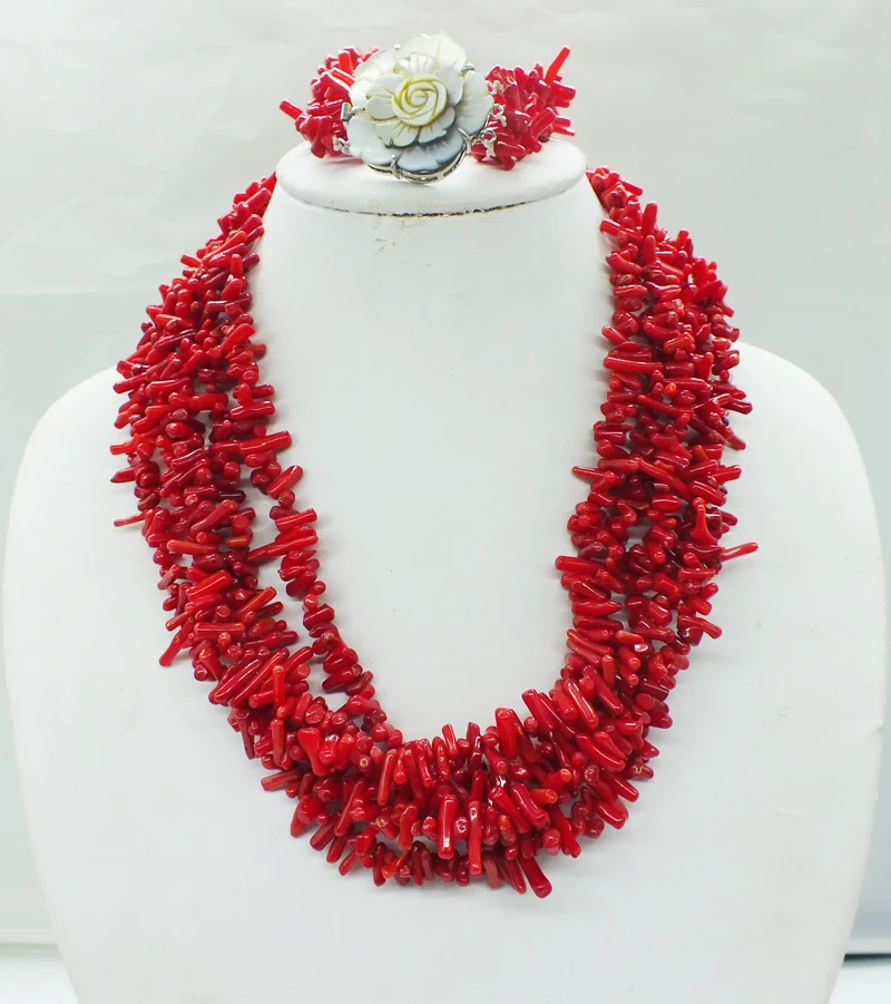 Classic 5 strands of red coral necklace.Hand catenaryin Jewelry Sets