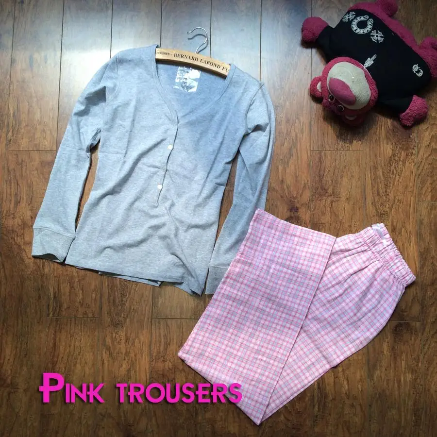 Сексуальные женские пижамные комплекты из хлопка с v-образным вырезом, простые женские пижамы с длинным рукавом, простые женские пижамы на осень - Цвет: Gray Top pink pants
