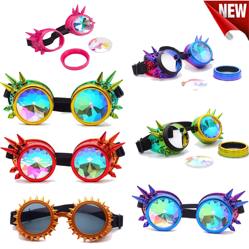 

Kaleidoscope Colorful Steampunk Goggles Glasses Cosplay Vintage Rivet Women Retro Glasses Party EDM