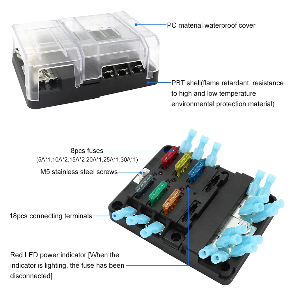 8 шт. Автомобильная стандартная Контактная Пластина предохранитель 6 способов лезвие держатель предохранителя блок с Светодиодный индикатор 18 шт. клеммный предохранитель держатель коробки с автобусной планкой