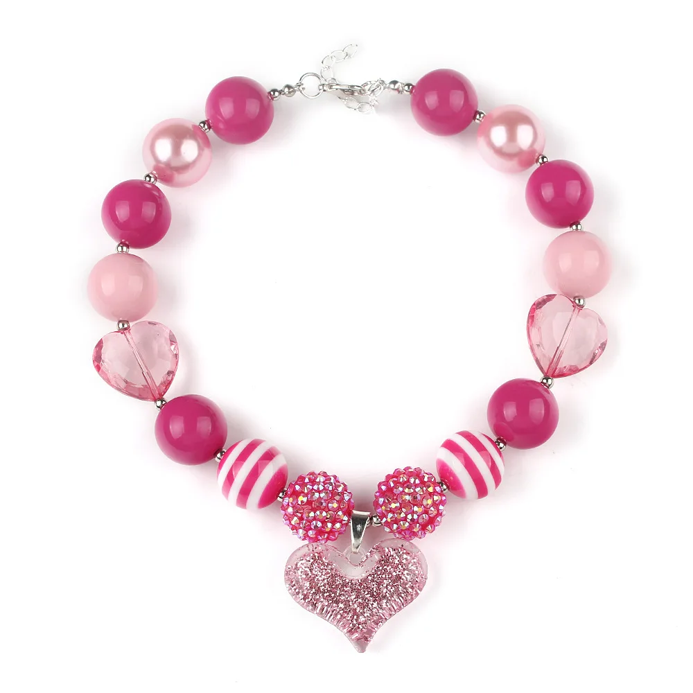 Baby Girls Lovely Heart Pendant Necklace Kids Chunky Beads Strand