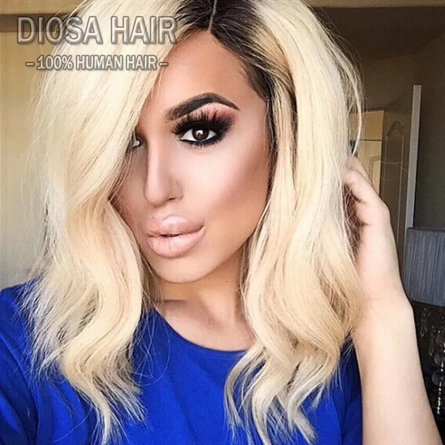 NEW1BT613 Short Wavy Human Hair Wig Bleached Knots Blonde Lace Front Wig,Ombre Bob Human Hair