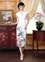 Novelty White Chinese Female Long Satin Qipao Cheongsam Women Sexy Dripping Flower Summer Slim Dress Size S M L XL XXL C0012