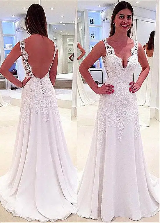 

Boho Vestido De Noiva 2019 Wedding Dresses A-line V-neck Chiffon Appliques Lace Backless Beach Dubai Arabic Wedding Gown Bridal