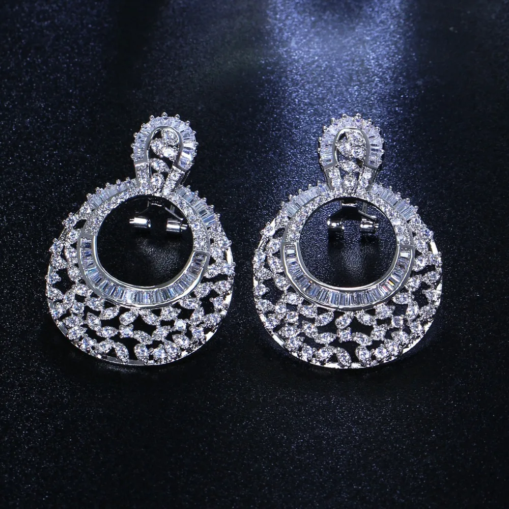Bridal dangle earrings Round design Luxury jewelry Gold and White color Cubic Zirconia crystal Women large earring