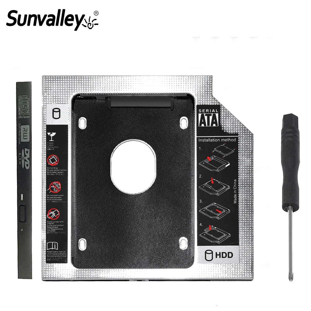 Sunvalley алюминиевый сплав 12,7 мм 2nd HDD Caddy SATA To SATA 3,0 для ноутбука DVD/CD-ROM Оптический отсек 2," HDD SSD чехол 10 шт