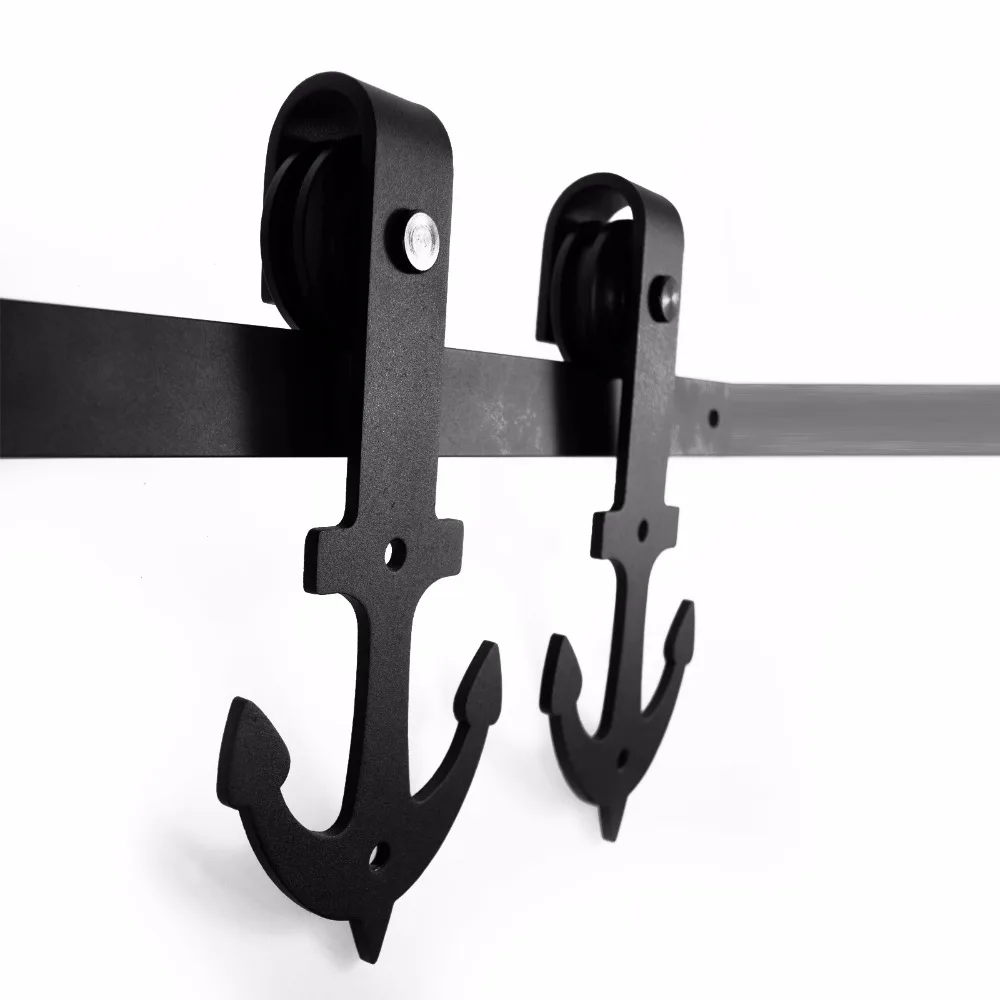 LWZH Vintage Style Strap Industrial Wheel Single Sliding Barn Wood Door Hardware Track Kit Anchor Shaped Roller for Single Door