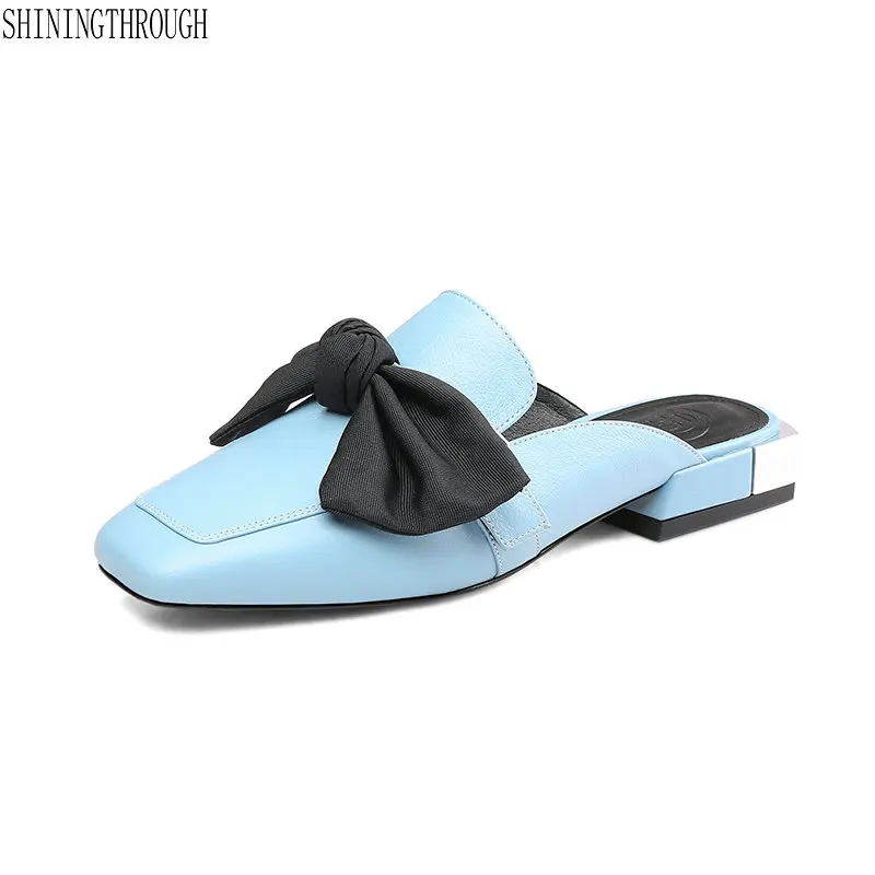 

Genuine leather ladies slippers 2cm low heels girl's shoes woman square toe bowties sweet ladies casual sandals size 41 42
