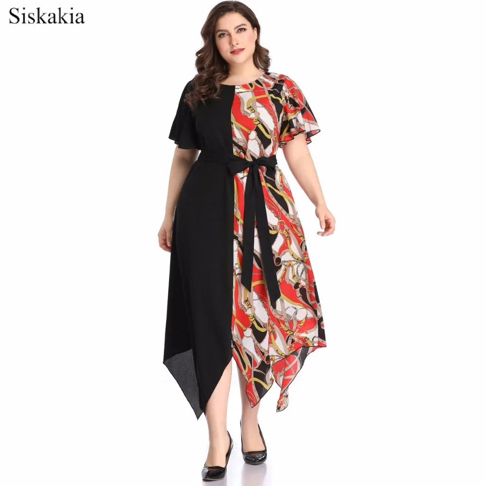 Siskakia 2019 New Contrast Color Patchwork Asymmetrical Dress Ladies Fashion Plus Size Sashes Women Dresses O Neck Short Sleeve (6)