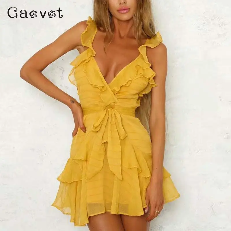 

2019 Summer Woman Casual Dress A Line V Neck Sleeveless Holiday Mini Sundress Ruffle Sexy Bow Tie Empire Vestidos