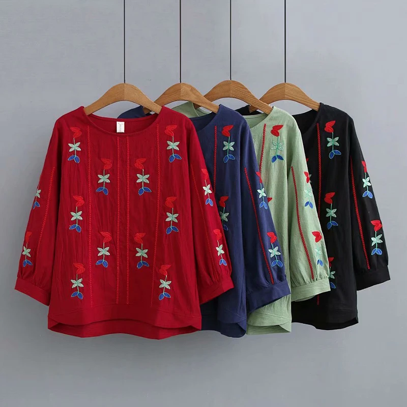 

Plus size floral Embroidered cotton women blouse 2019 casual spring summer ladies nine quarter sleeve O-Neck shirts female tops