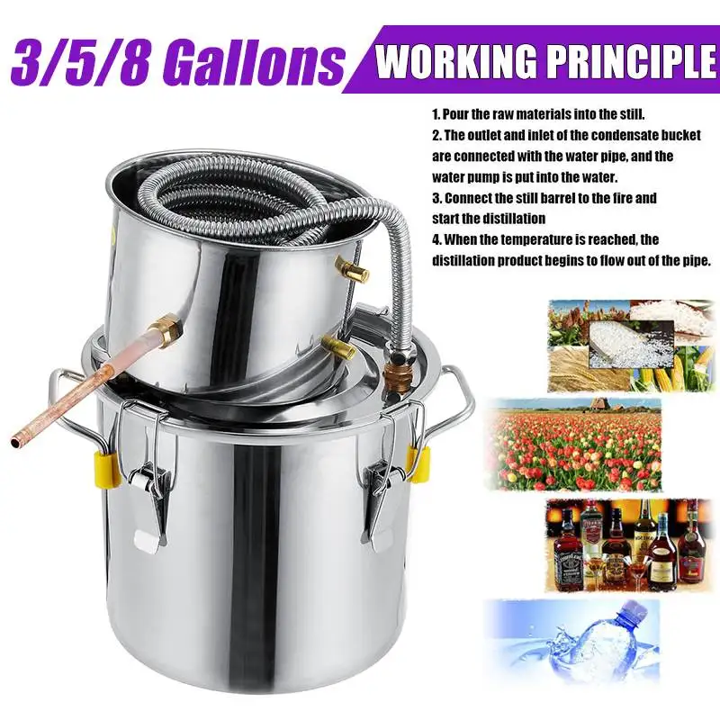 3/5/8GAL Distiller Moonshine Alcohol Distiller Stainless Steel DIY Home Water Wine Essential Oil Brewing Kit