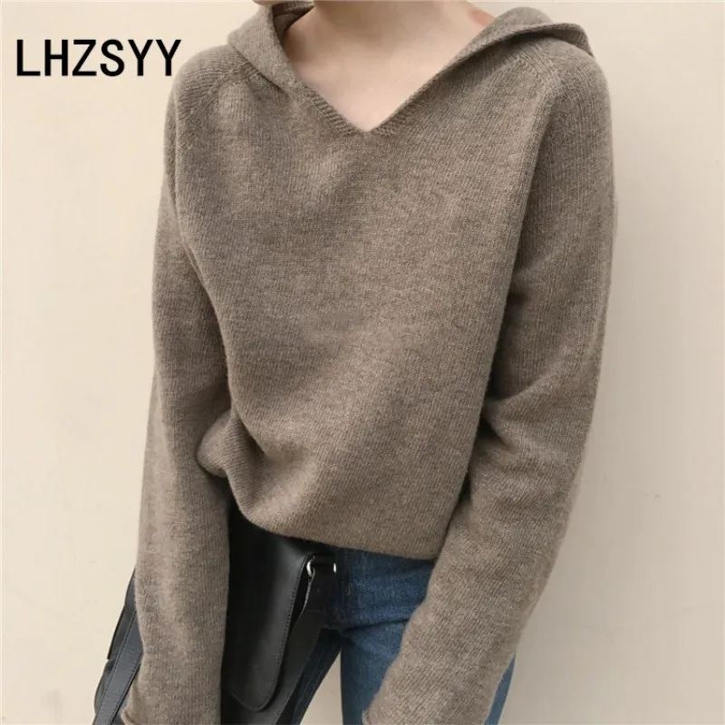 LHZSYY, осенний женский кашемировый свитер, свободный, большой размер, свитер с капюшоном, вязаный, дикая шерсть, Одноцветный, высокое качество, пуловер, толстый