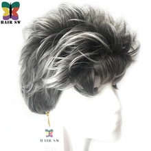 Волосы короткие Pixie стиль дамы синтетические волосы парик Серый Белый слоистый естественный пушистый кудрявый женский парик для более 60 лет