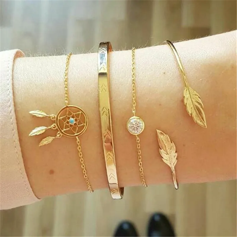 

DIEZI Hot 2019 Arrow Leaves Cuff Bangle For Women Chain & Link Bracelets Sets Summer New Gold Color Jewelry Gifts Summer